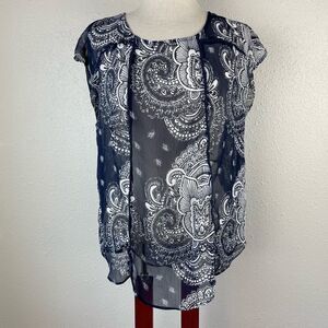 A.N.A. Navy Blue Sheer Paisley Top Size L EUC